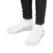 Load image into Gallery viewer, High Top Sneakers — Minimal White Canvas Men’s Shoes with Blue Wave Accent

